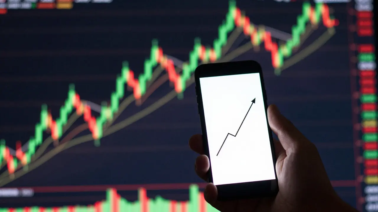 Hand holding phone with stable trend line against chaotic volatile market charts.