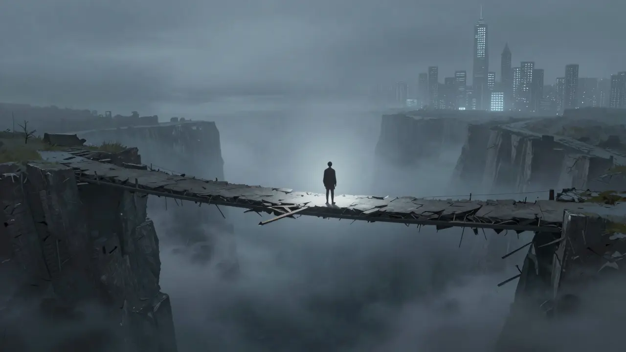 Lone figure on a narrow crumbling bridge over an abyss illustrating low liquidity and high slippage risk