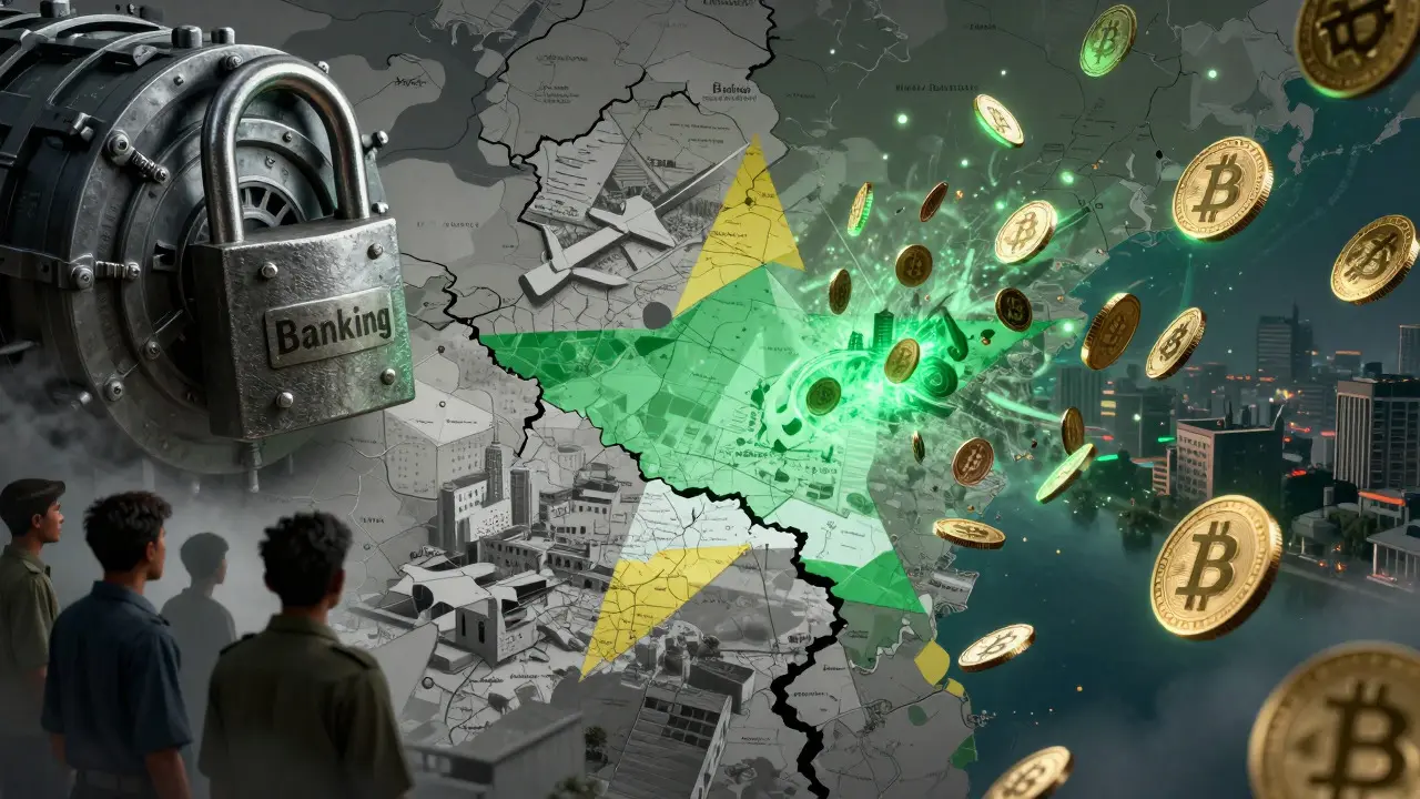 Map of Myanmar split between locked banks and floating USDT coins
