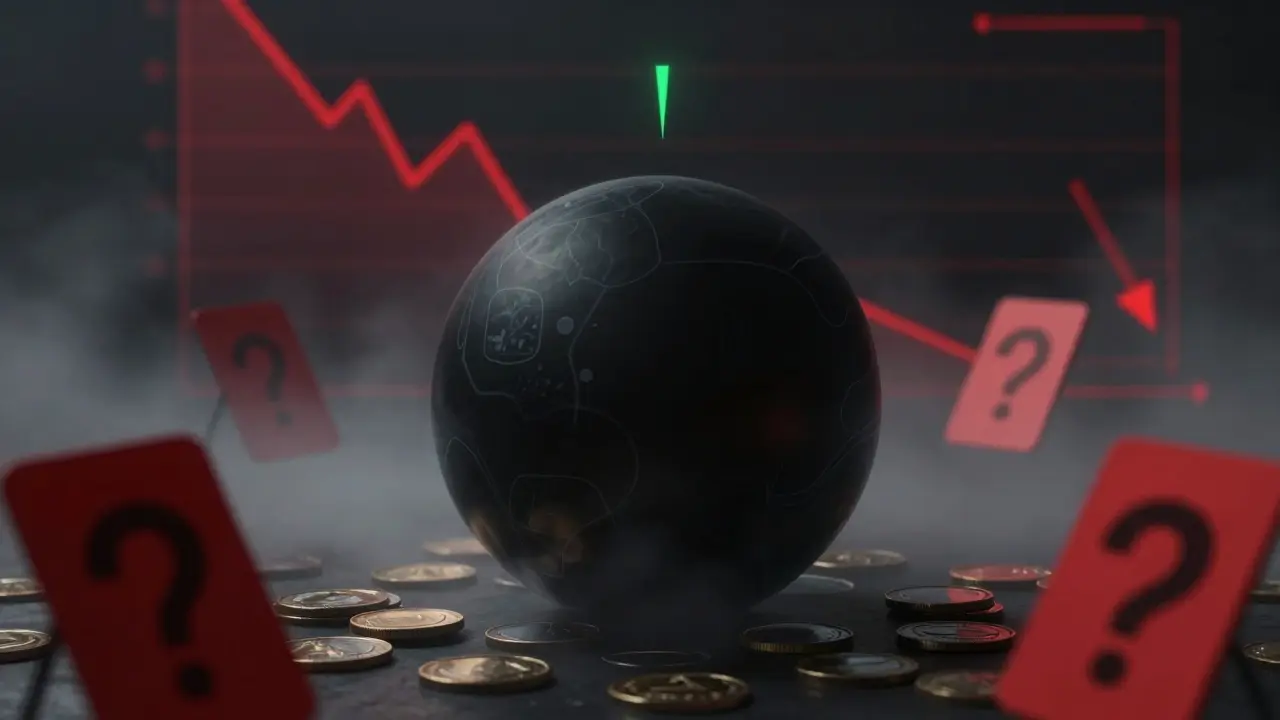 Opaque black sphere surrounded by fog and red warnings representing mysterious tokenomics and zero supply