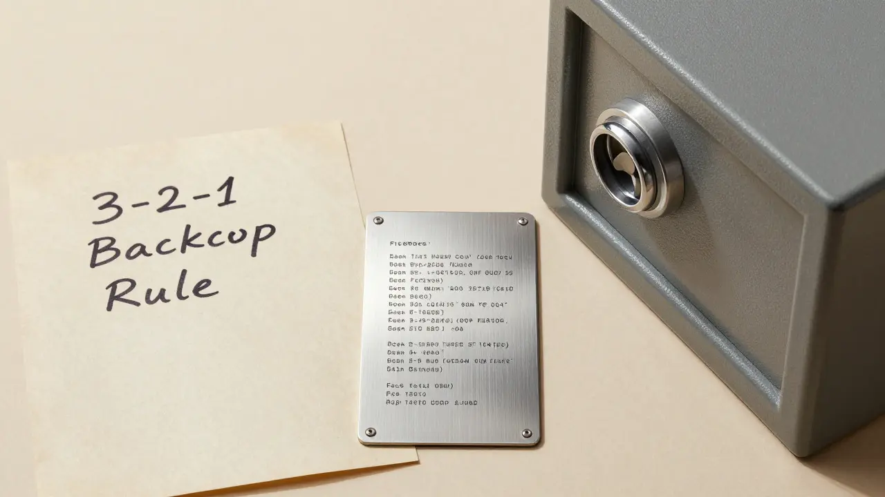 Paper, metal plate, and safe representing secure crypto backups