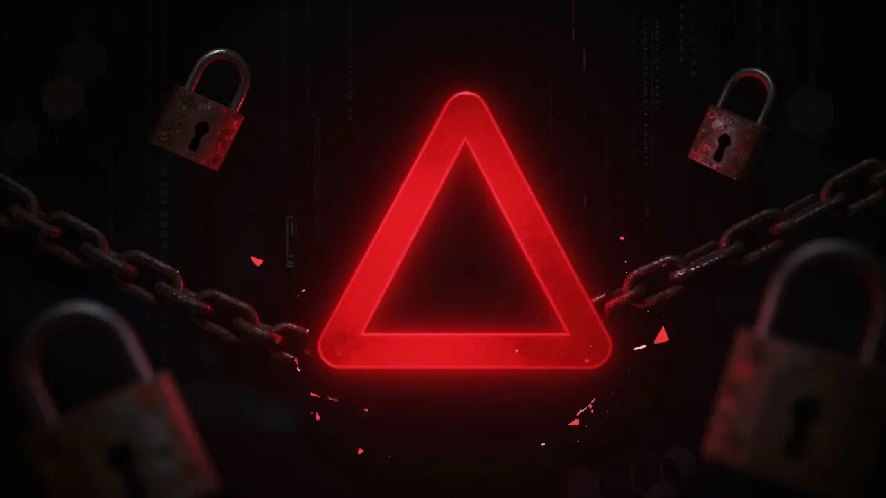 Red warning symbol floating in dark digital void representing crypto risk