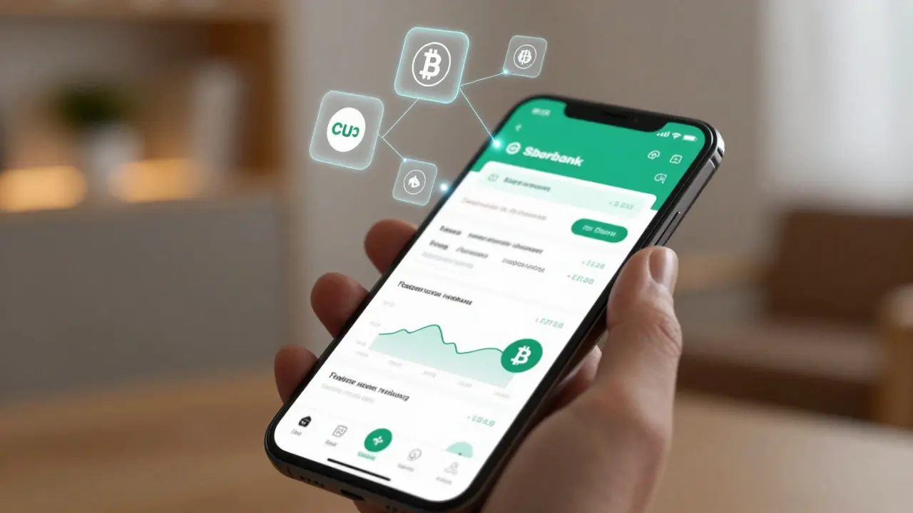Smartphone showing crypto app connected to Russian bank icons via holograms