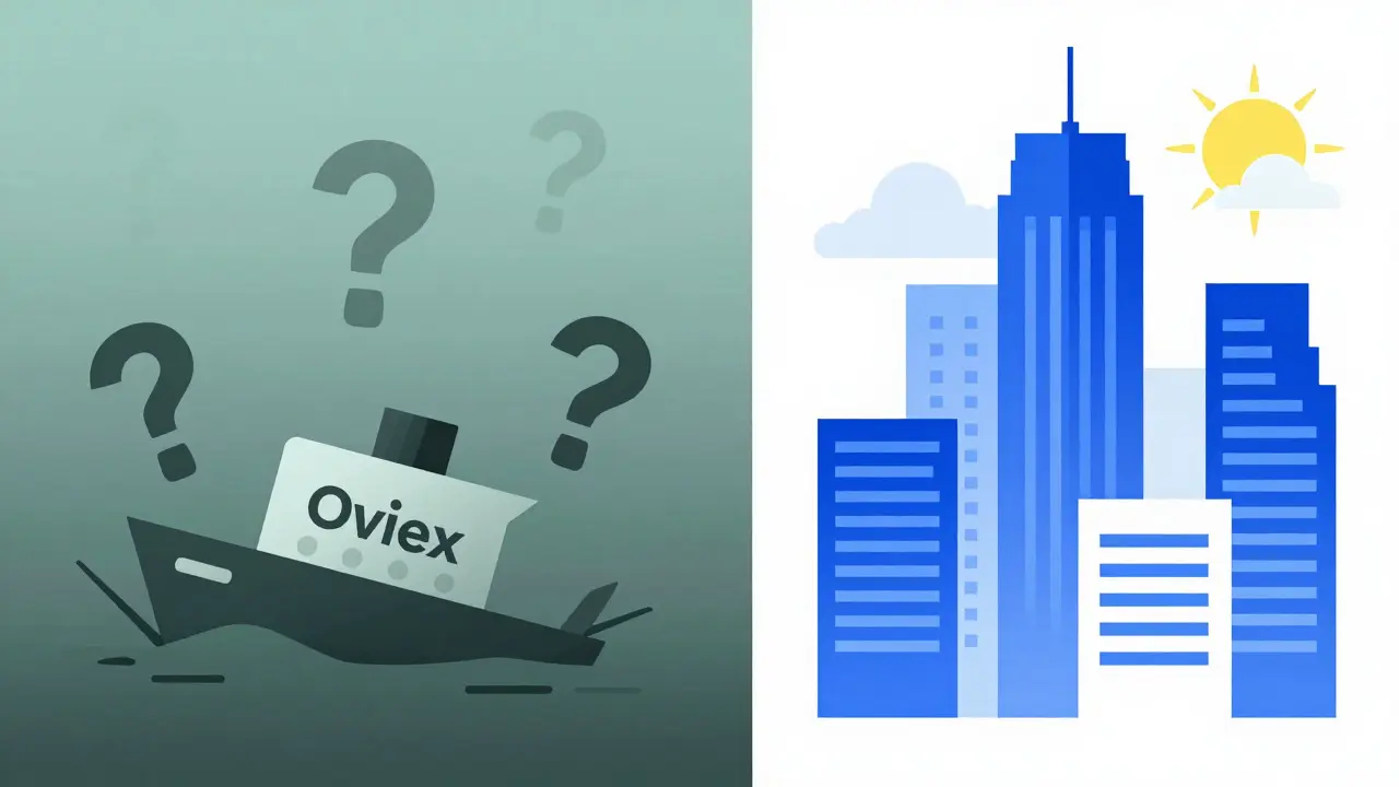 Split visual comparing risky obscure exchange with safe established platforms