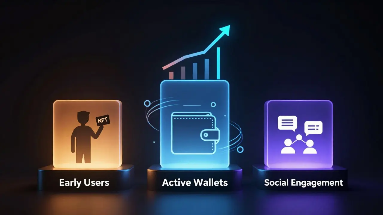 Three glowing pillars representing early users, wallets, and social engagement