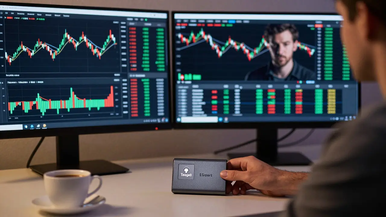 Trader analyzing crypto charts with a hardware wallet on the desk for security.