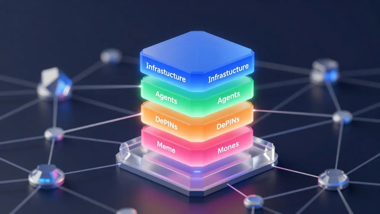 Transparent crystal structure holding layered AI sector data connected to a network.
