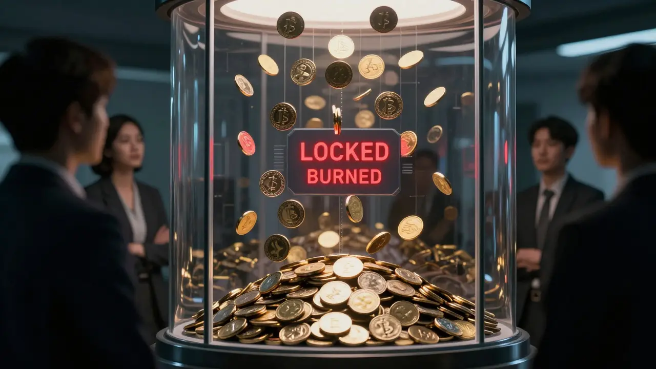 Transparent vault trapping digital coins, representing secure blockchain burn address