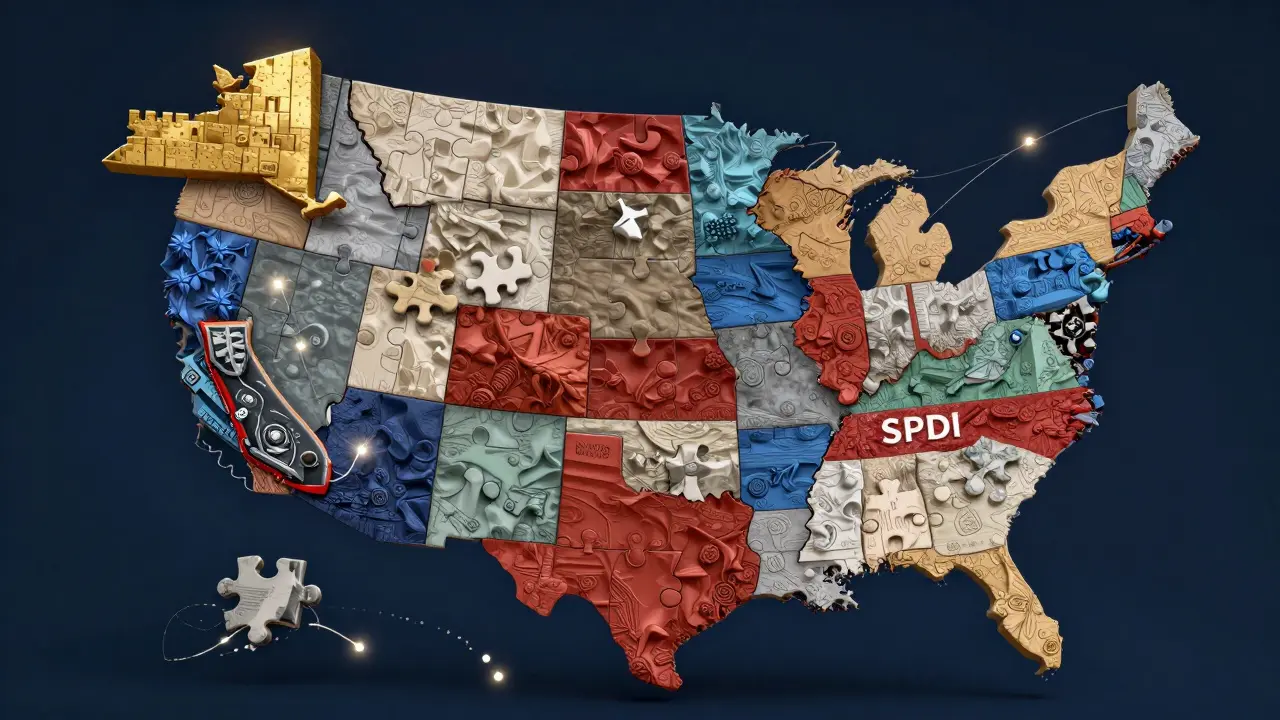 US map puzzle showing fragmented state crypto licensing requirements like NY BitLicense