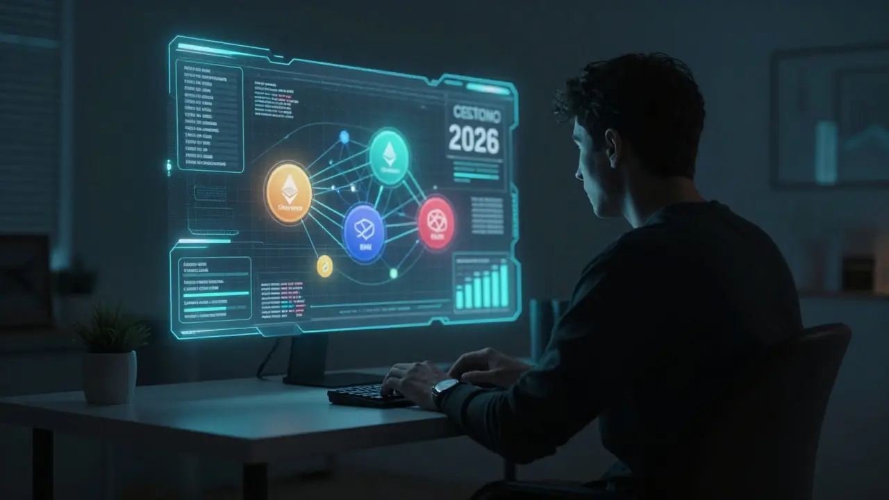User analyzing cross-chain blockchain data in a dark room
