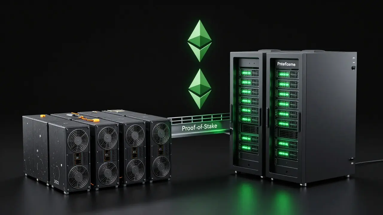 Visual metaphor of Ethereum mining ending and staking beginning