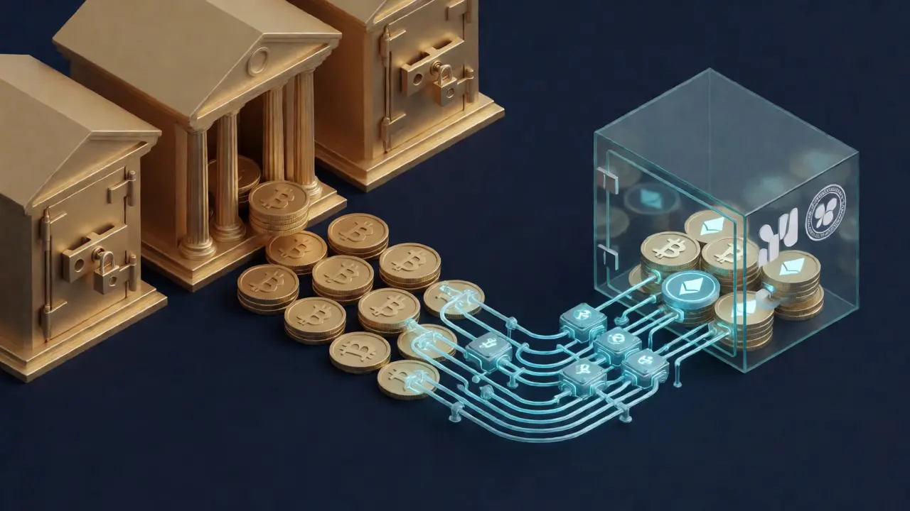 3D diagram showing money flowing through processors to crypto vaults