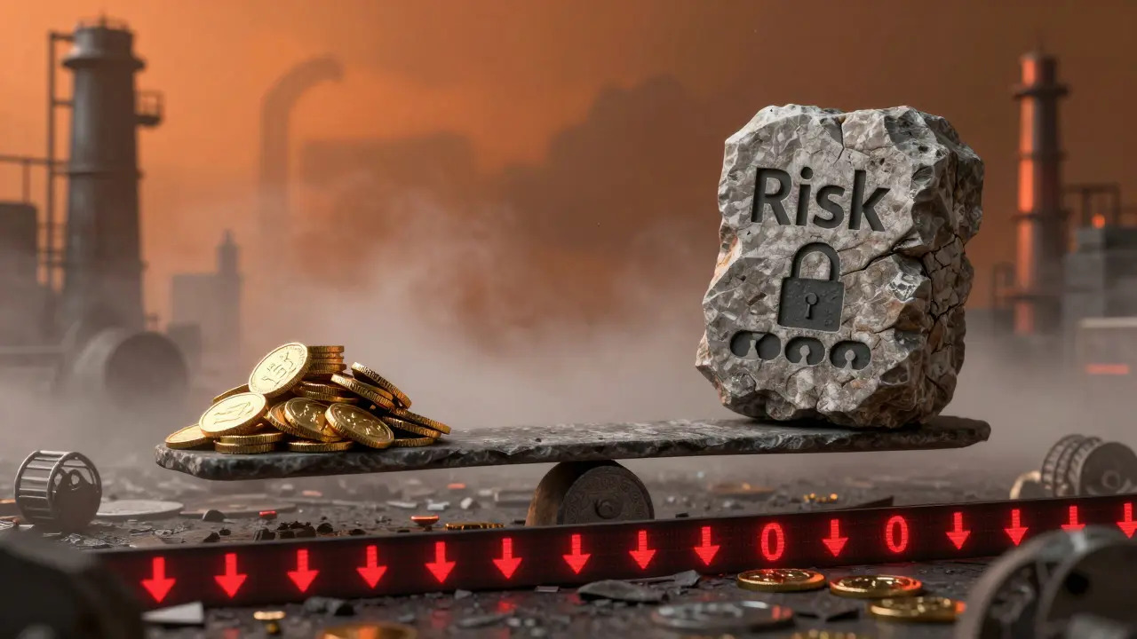 A balance scale weighing potential crypto gains against heavy risks like regulation and illiquidity.
