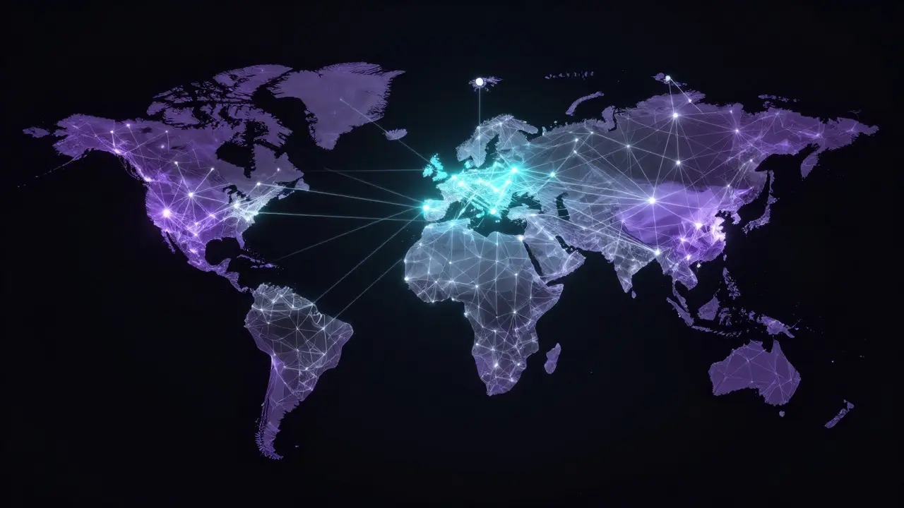 Abstract 3D network diagram showing global financial connections