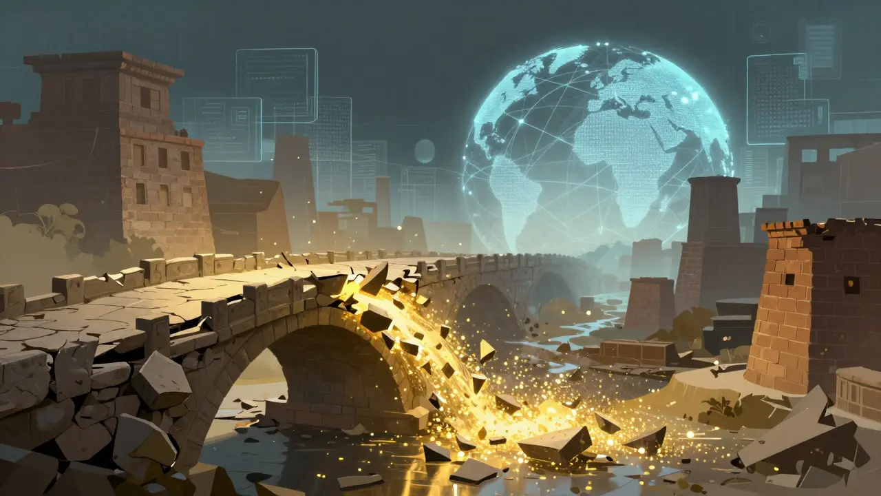 Abstract art of a crumbling stone bridge turning into digital particles flowing to a network