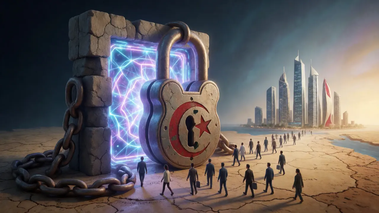 Abstract art showing a lock sealing a digital portal with people leaving