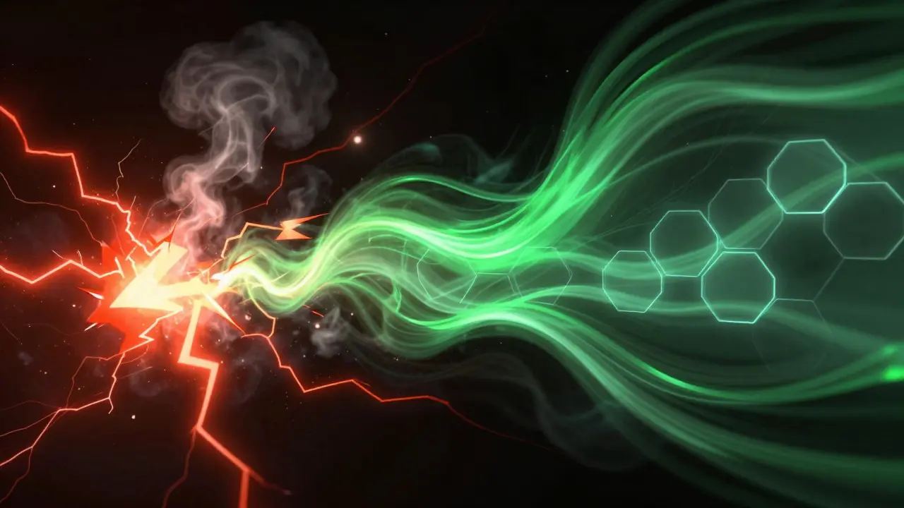 Abstract art showing chaotic red energy transforming into smooth green digital flows
