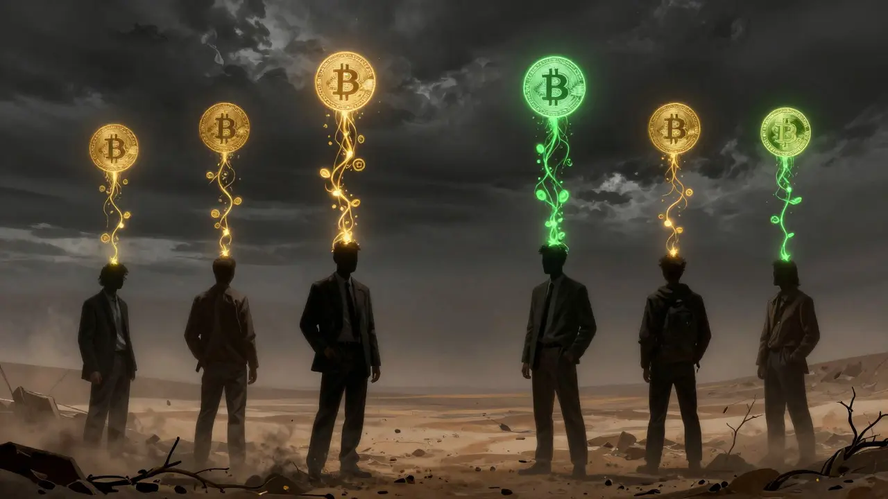 Abstract art showing digital currency rising from oppression