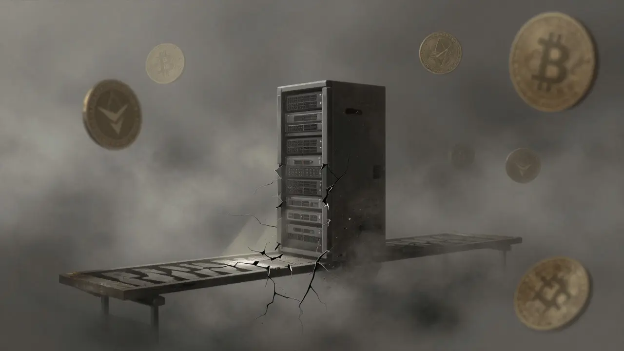 Abstract illustration of a broken digital bridge with fading coins in grey mist
