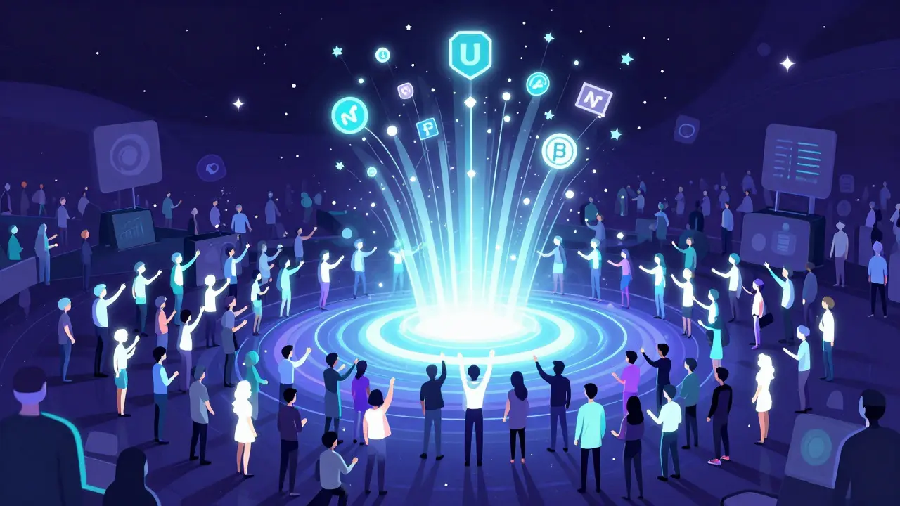 Abstract illustration of digital crowd receiving NFT airdrop