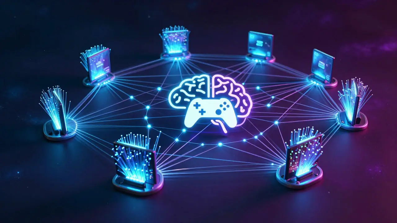 Abstract network of glowing nodes linking gamers to AI and gaming ecosystem hubs.