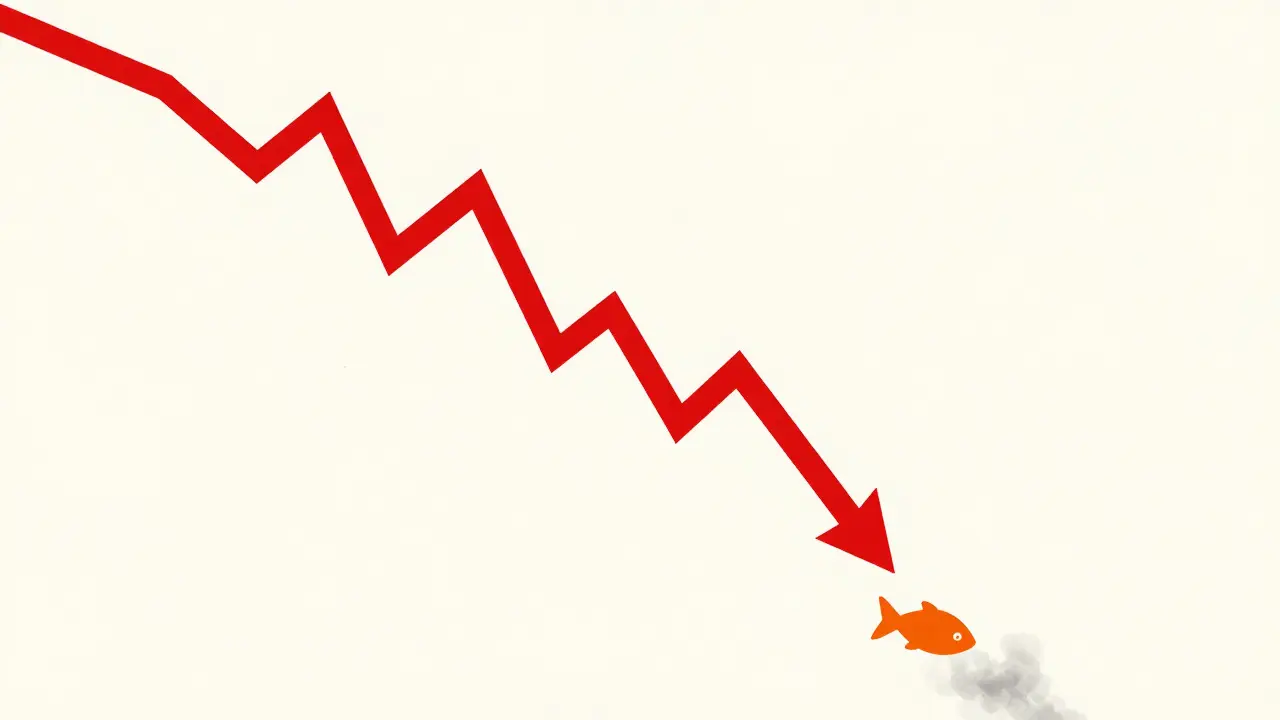 Abstract red line crashing down with an orange fish dissolving