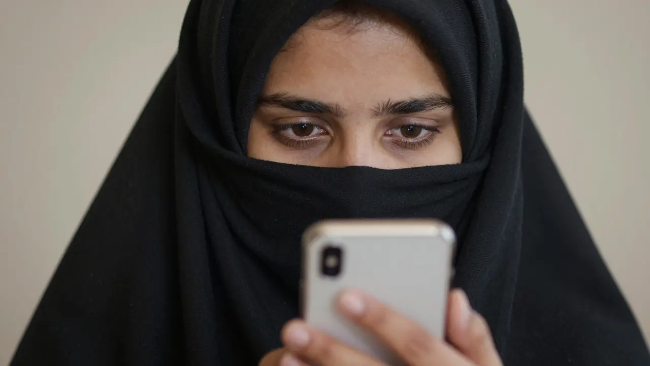 Afghan woman holding smartphone symbolizing financial freedom