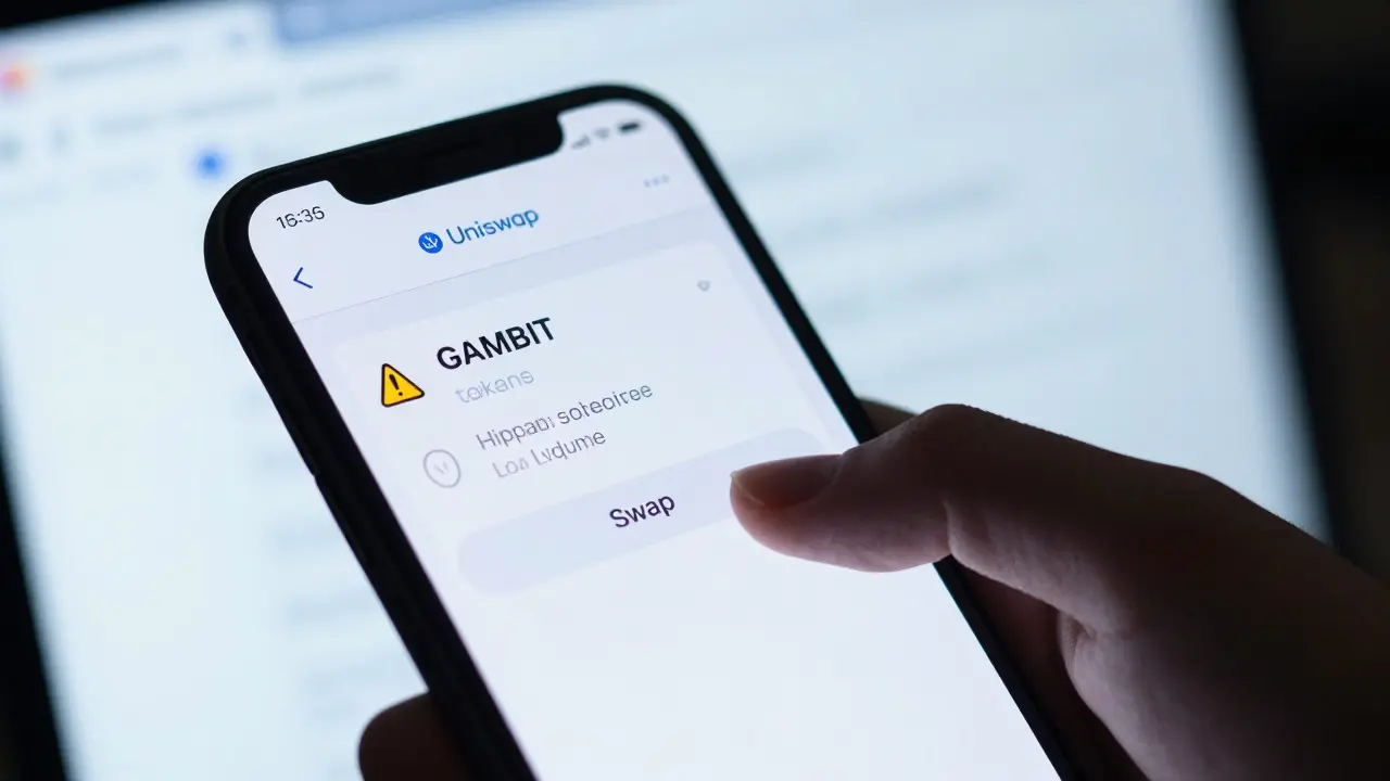 Close-up of a phone screen showing a DeFi swap for GAMBIT token with warning signs for low liquidity.