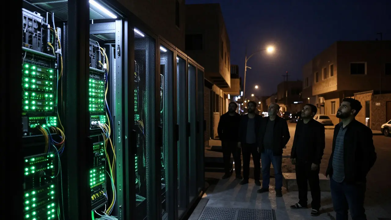 Contrast between a bright server room and a dark residential street at night