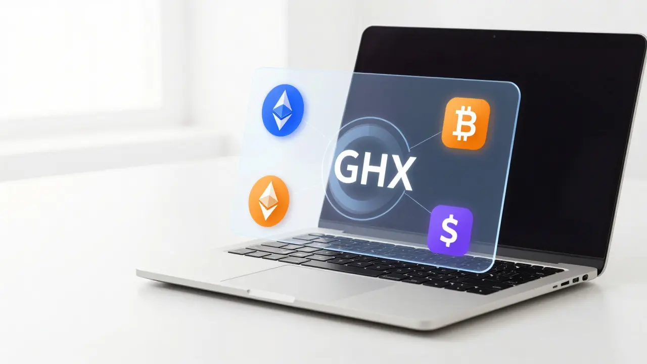 Desktop setup with holographic crypto wallet icons connecting to GHX token symbol.