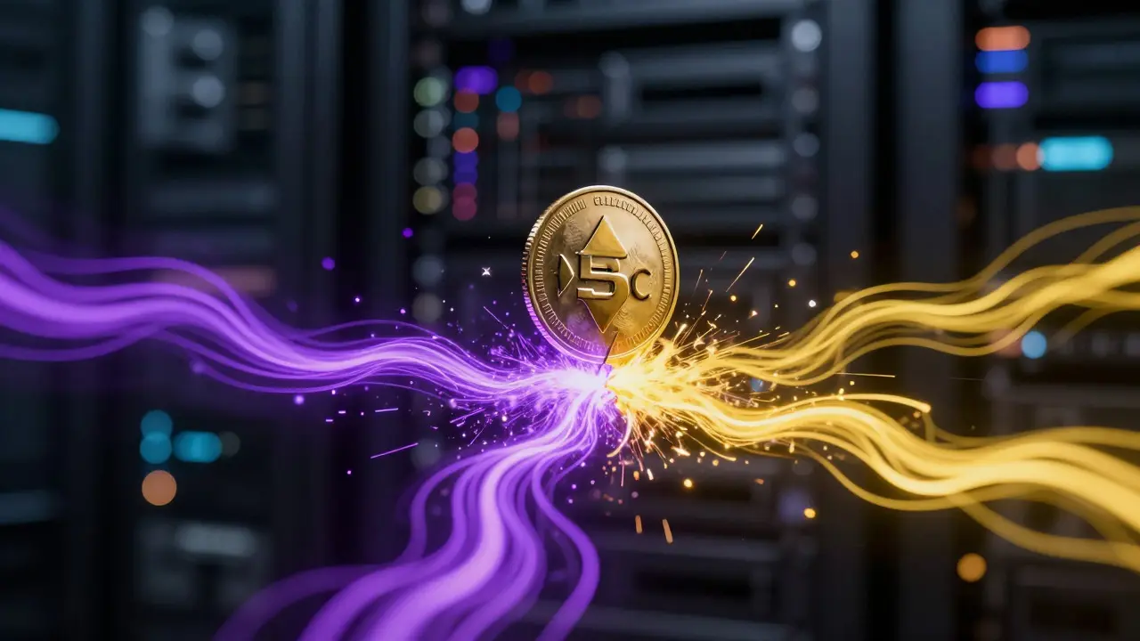 Digital coin caught between conflicting purple and gold data streams
