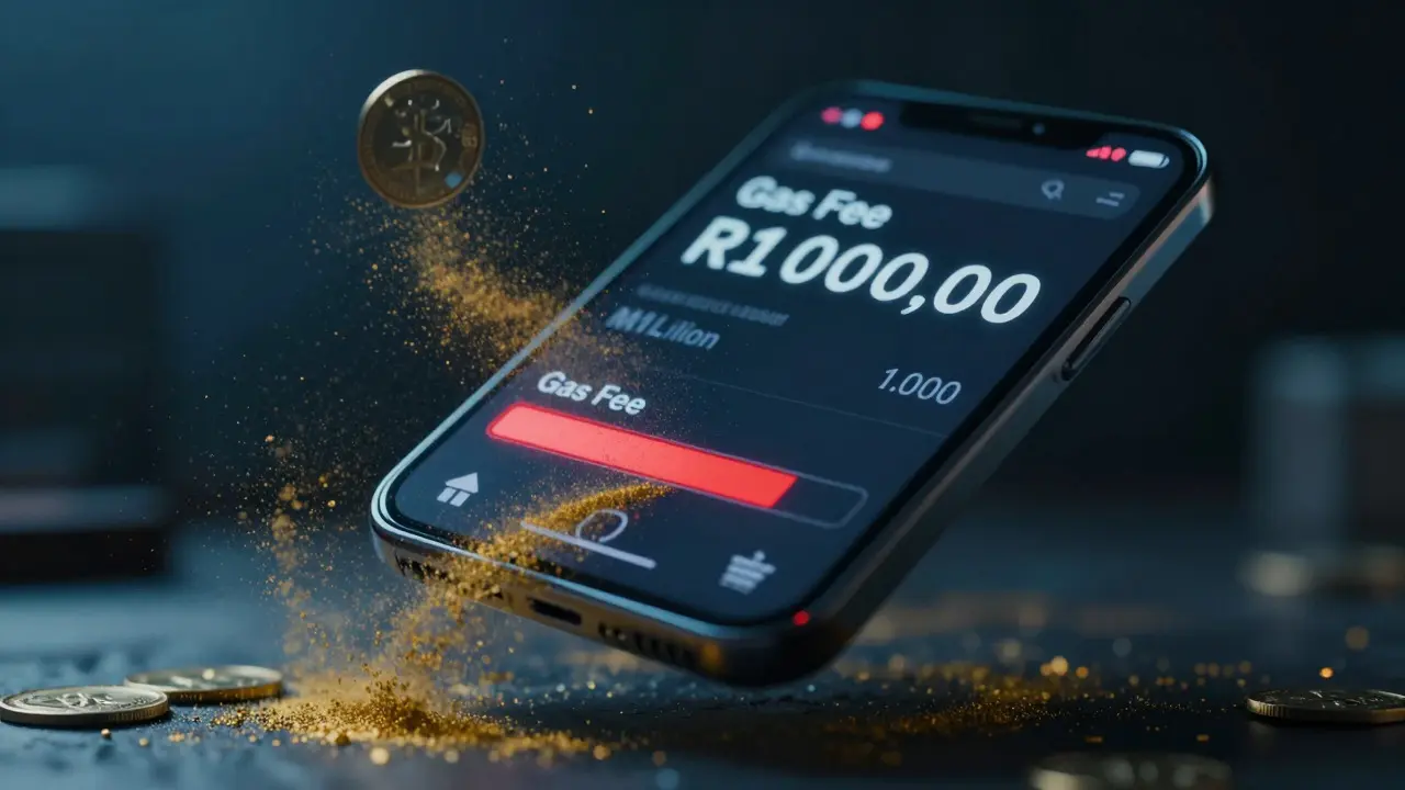 Digital wallet losing value to gas fees depicted as draining gold particles