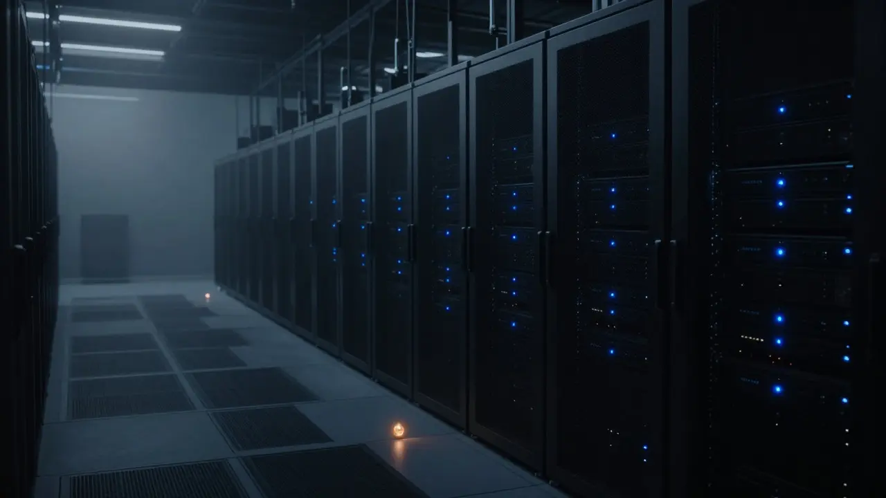 Dim server room with mostly inactive racks and a single glowing amber light