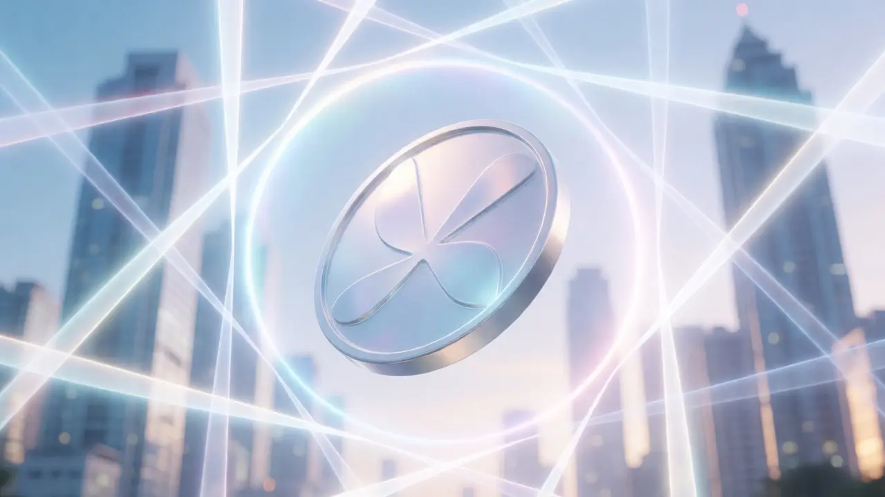 Floating digital coin surrounded by regulatory light structures