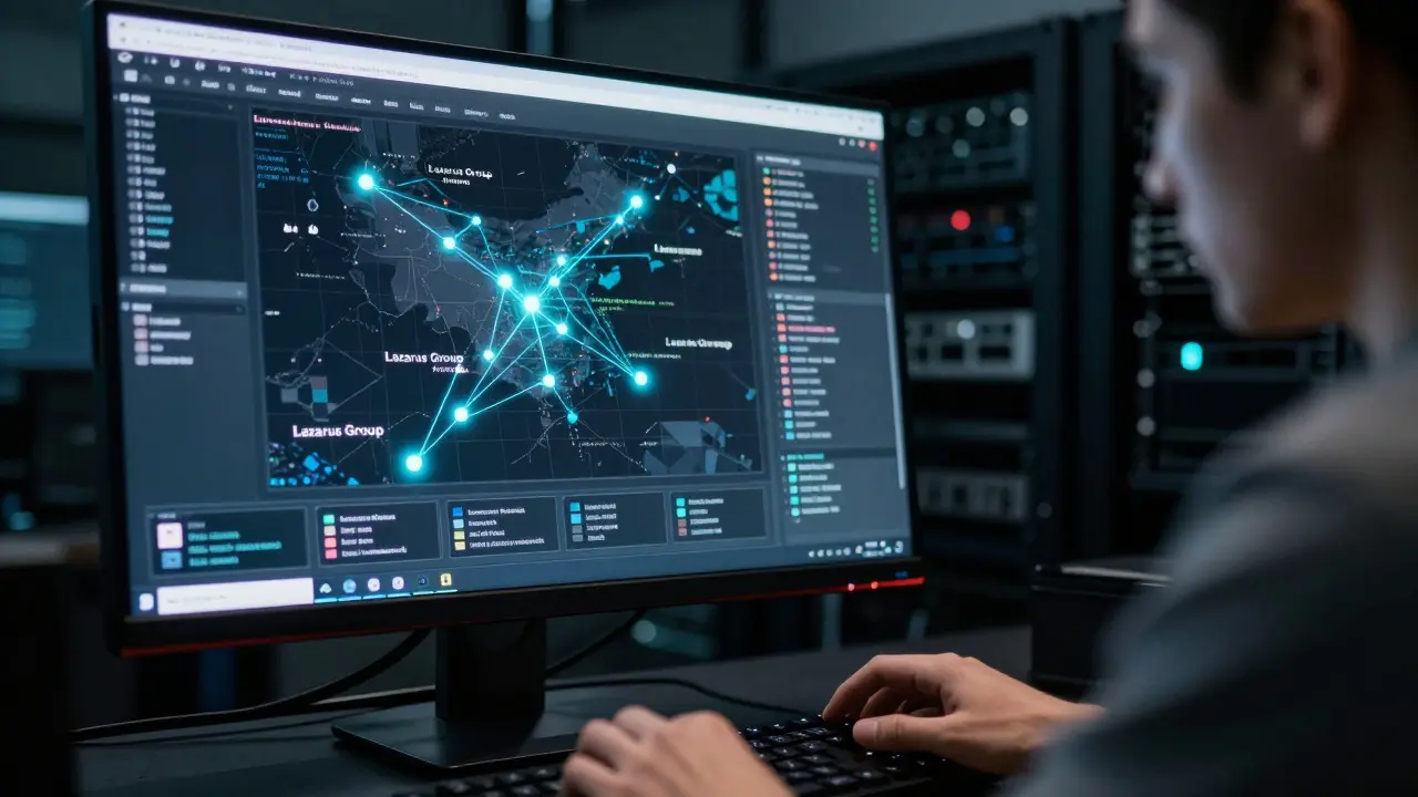 Forensic analyst tracing stolen cryptocurrency transactions on a blockchain dashboard.