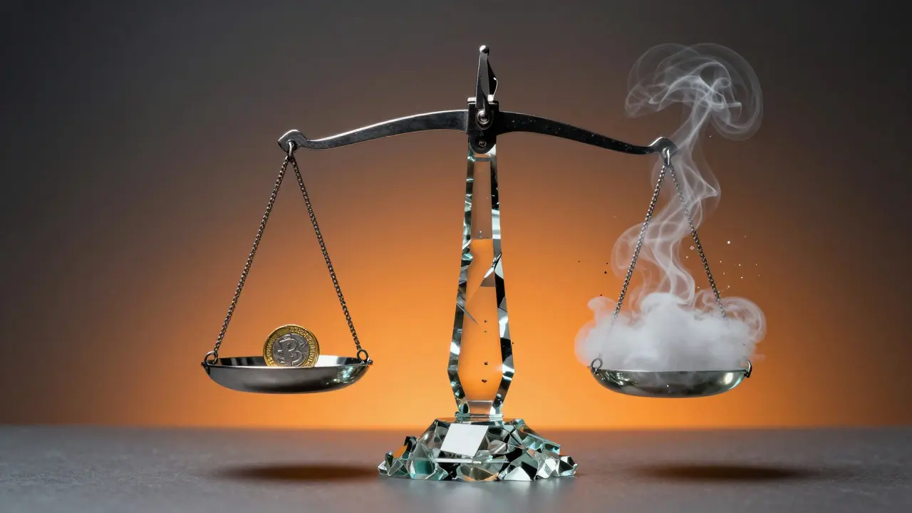 Fragile glass balance scale weighing a gold coin against swirling smoke representing speculative hype