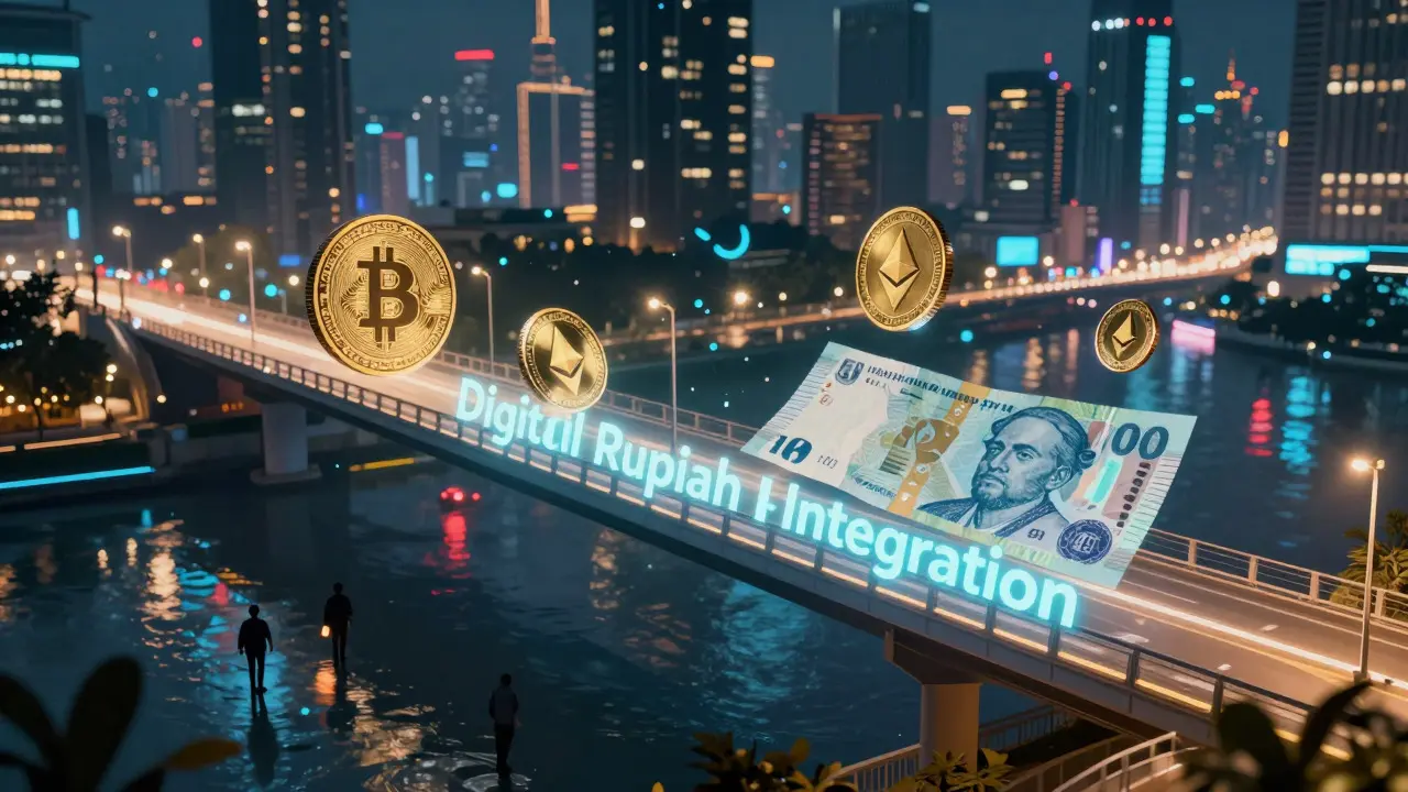 Futuristic bridge symbolizing digital rupiah integration over Indonesian city skyline.