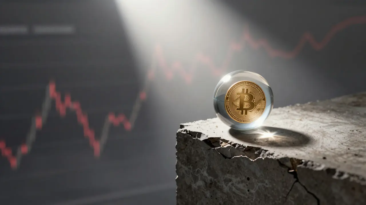 Glass sphere with a golden coin balancing on a crumbling ledge above a misty void