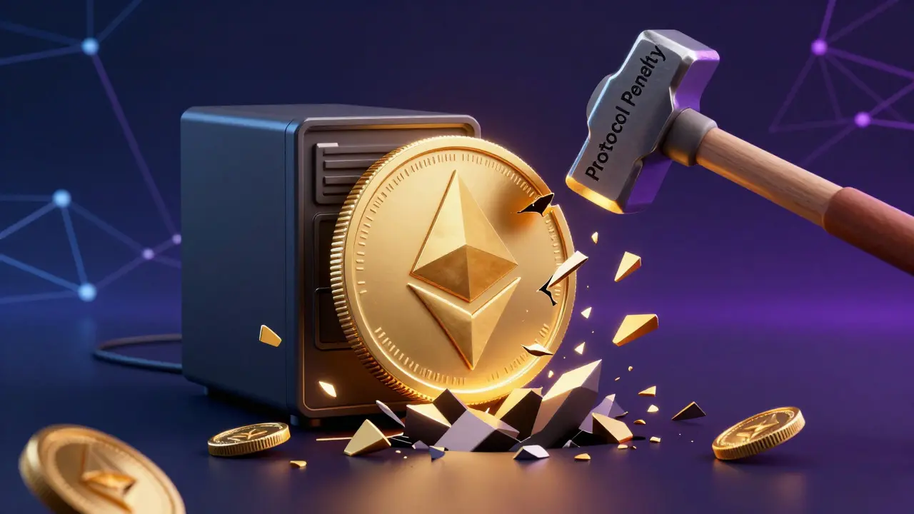 Golden crypto node shattered by hammer symbolizing blockchain slashing