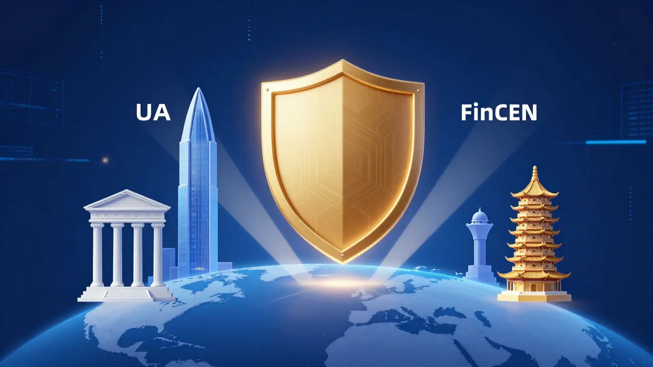 Golden shield protecting a globe with architectural symbols of global regulators