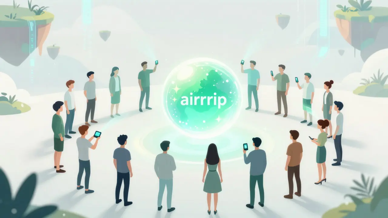 Group of digital avatars surrounding a glowing orb in an ethereal virtual landscape
