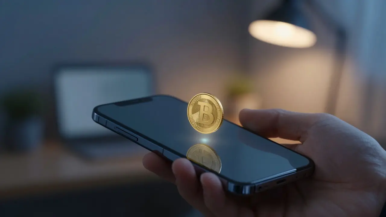 Hand holding phone projecting a tiny golden coin hologram