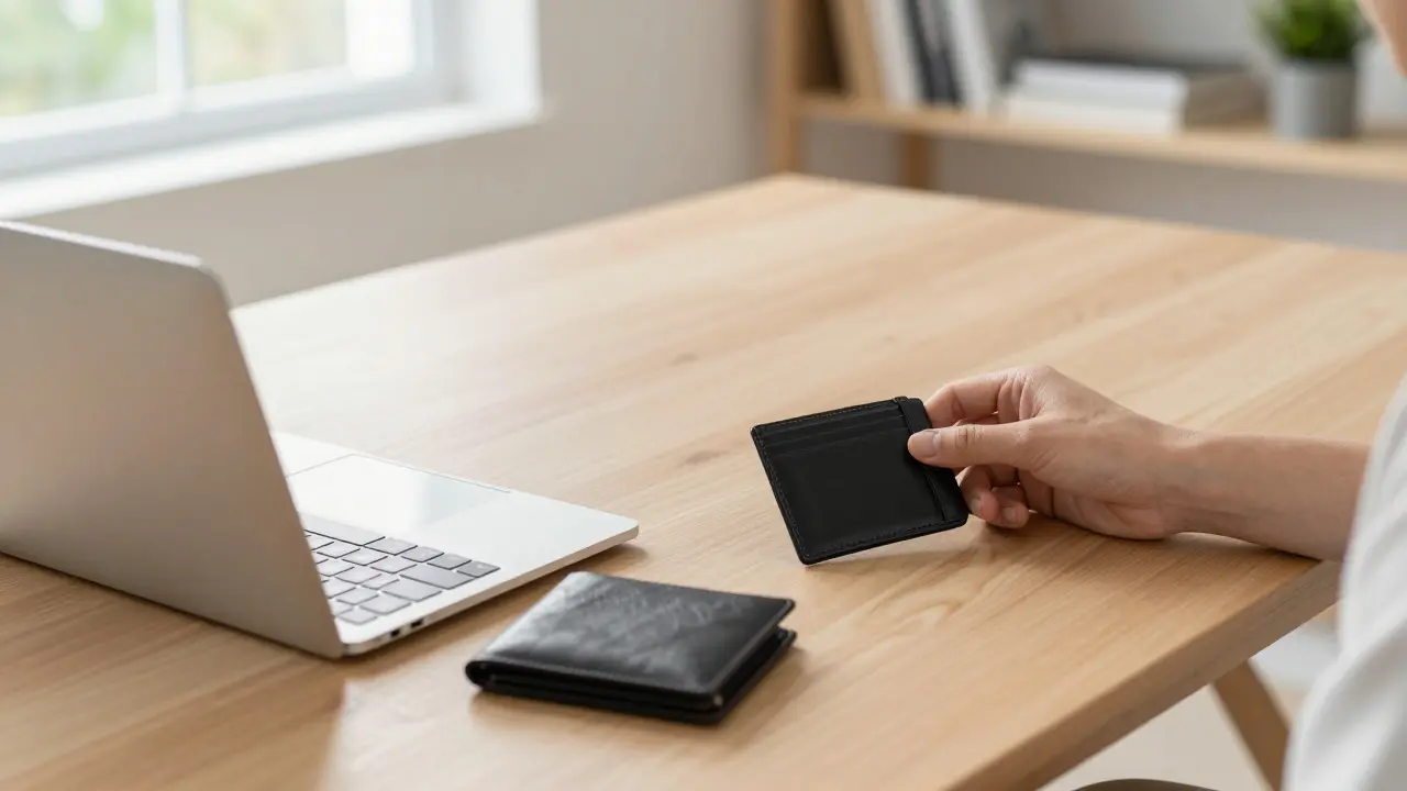 Hand placing a hardware wallet next to a laptop on a desk