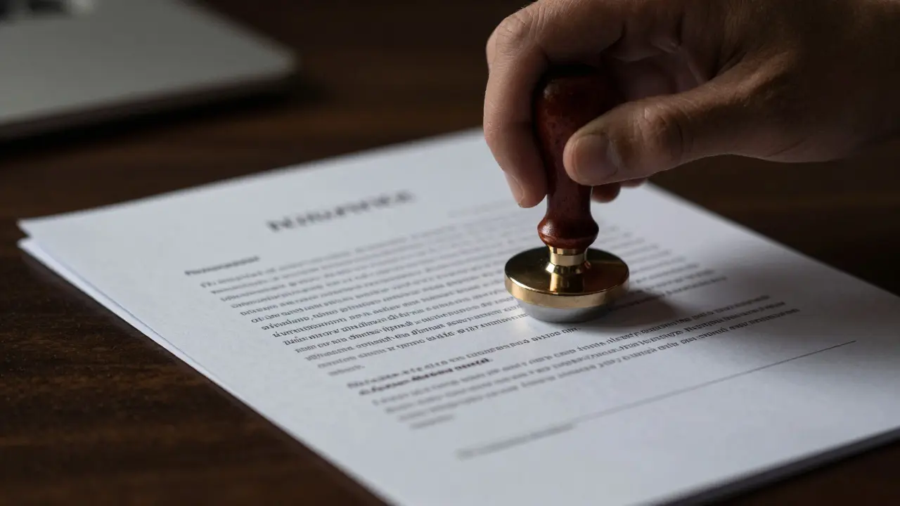 Hand sealing legal documents on a desk under dramatic light