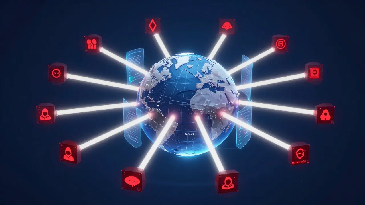 Holographic global network showing international coalition blocking illicit crypto flows.