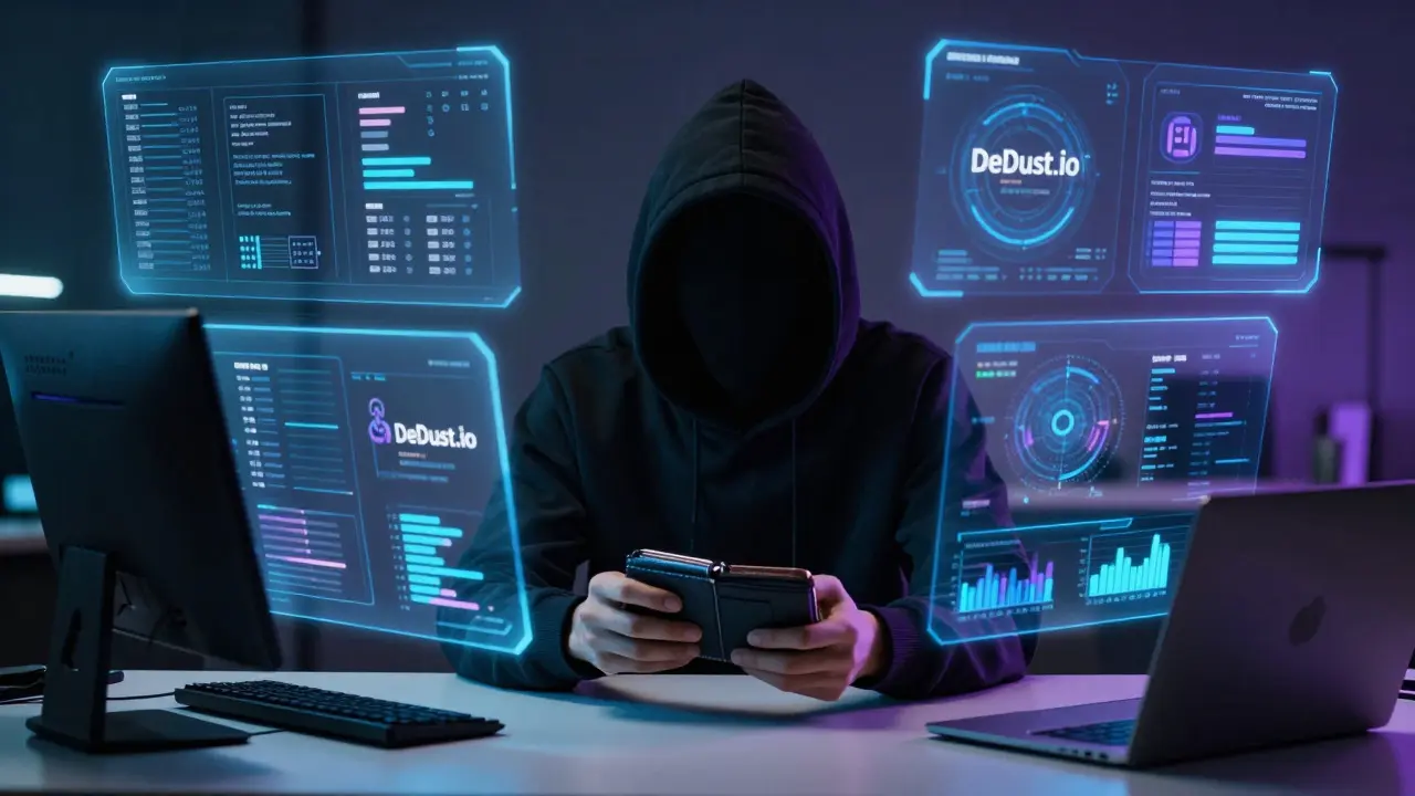 Hooded figure analyzing holographic crypto trading data in a dark room