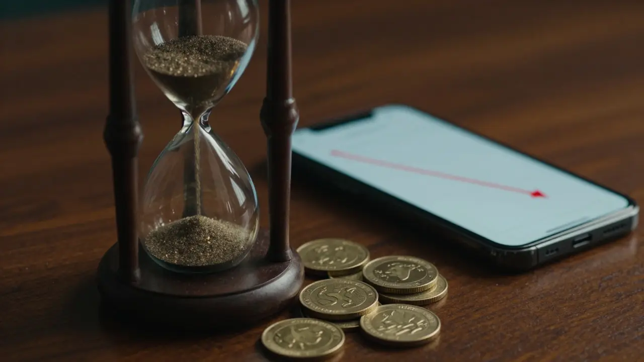 Hourglass with falling coins symbolizing daily margin interest costs