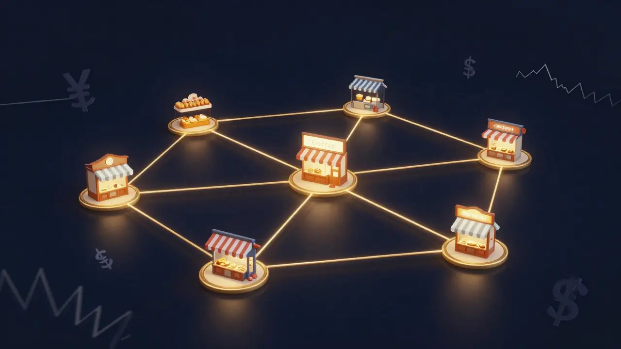 Illustration of merchants connected by stable golden links