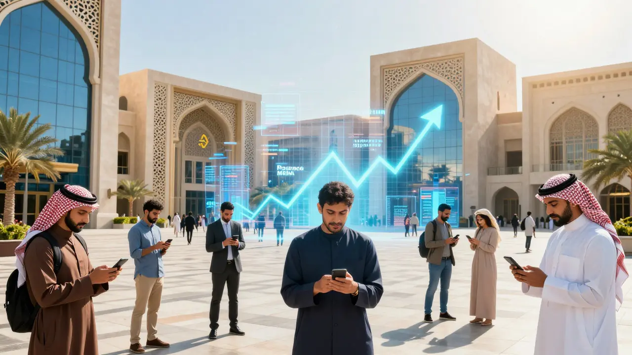 People using mobile devices in a sunny modern plaza with holographic trading data