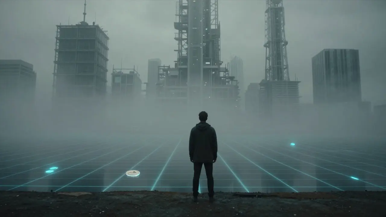 Person holding a faintly glowing coin in a foggy digital landscape